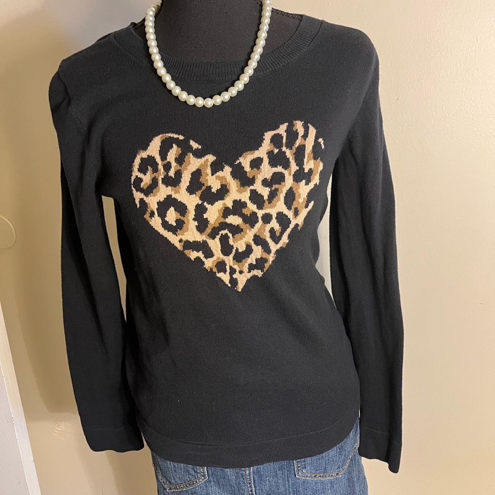 J Crew Black Leopard Heart Sweater